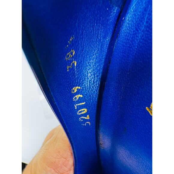 Gucci Vernice Crystal Peep Toe Pumps Ink Blue Patent Leather Heels Size 38.5 - Picture 5 of 10